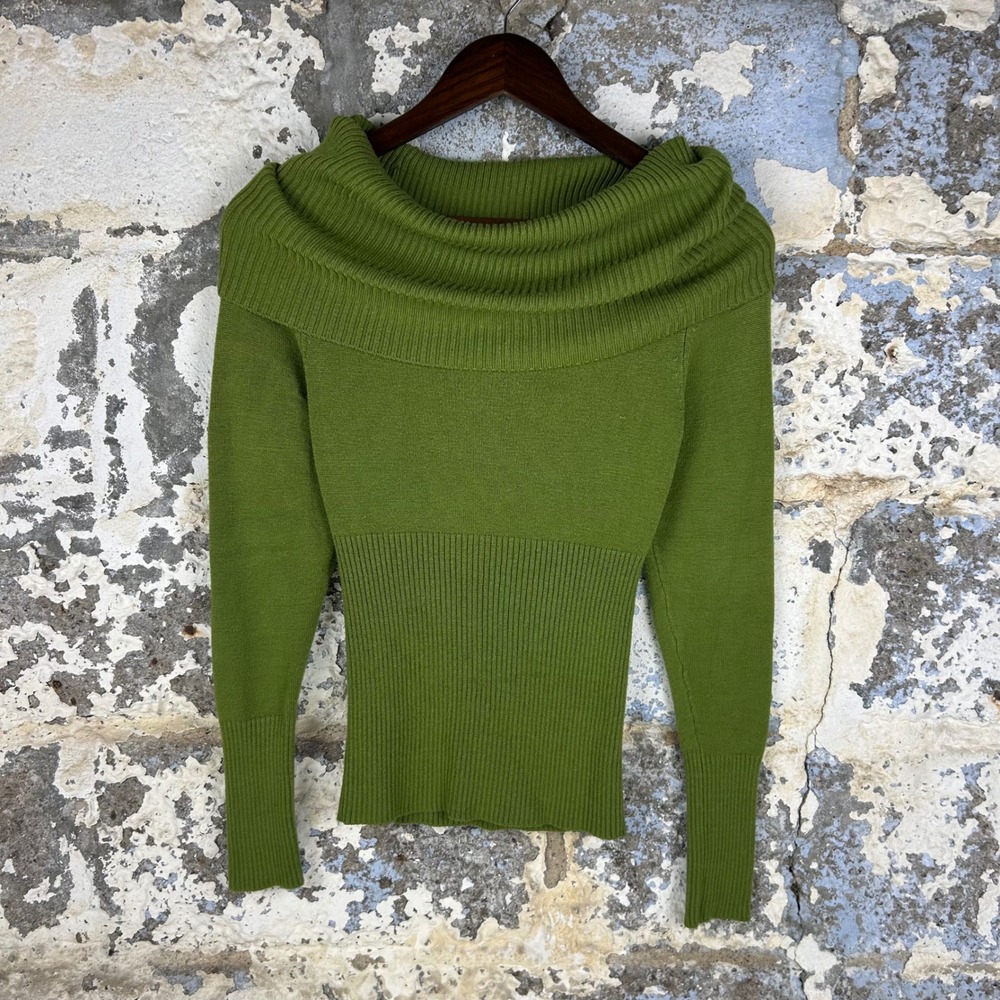 INC Portrait Collar Sweater Olive Green Ribbed Off Shoulder Womens M